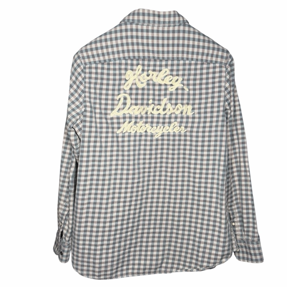 Harley Davidson Women XL Pearl Snap Plaid Flannel Button Down Shirt Blue Biker
